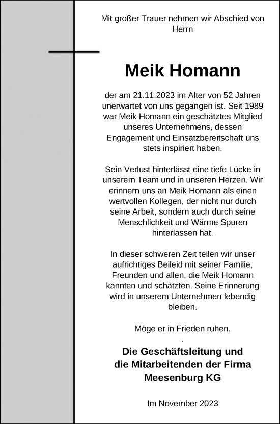 Todesanzeige von Meik Homann von SYK