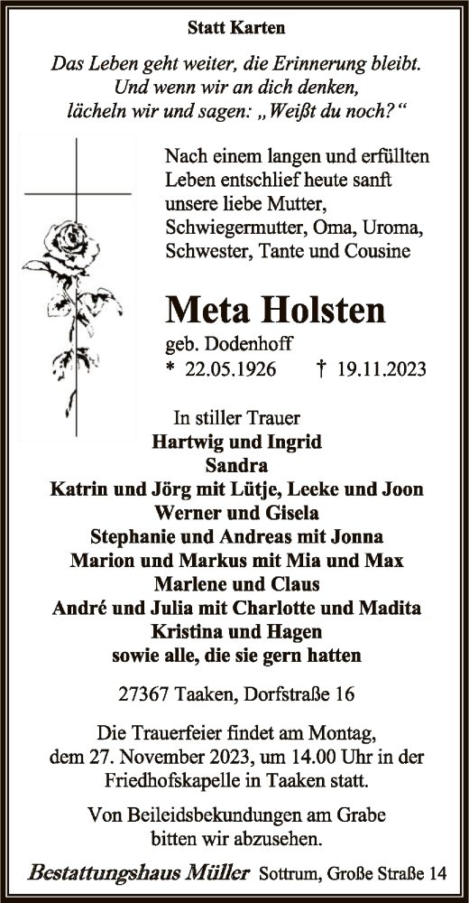 Todesanzeige von Meta Holsten von SYK