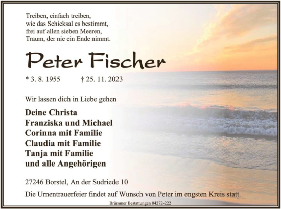 Todesanzeige von Peter Fischer von SYK