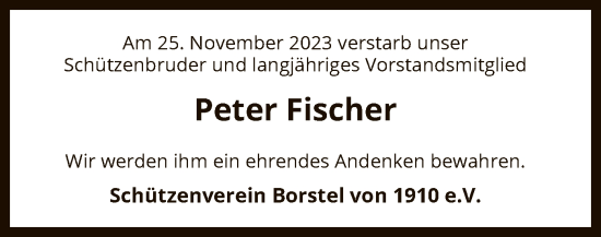 Todesanzeige von Peter Fischer von SYK
