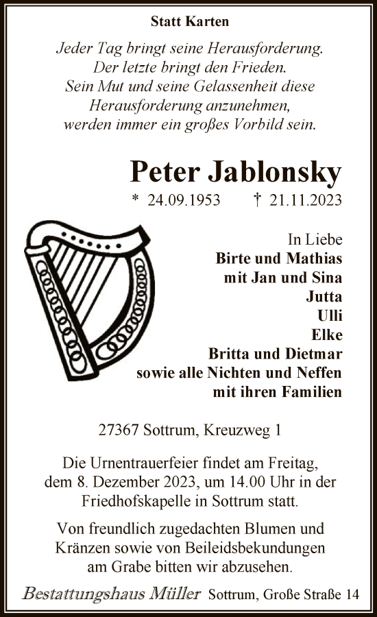 Todesanzeige von Peter Jablonsky von SYK