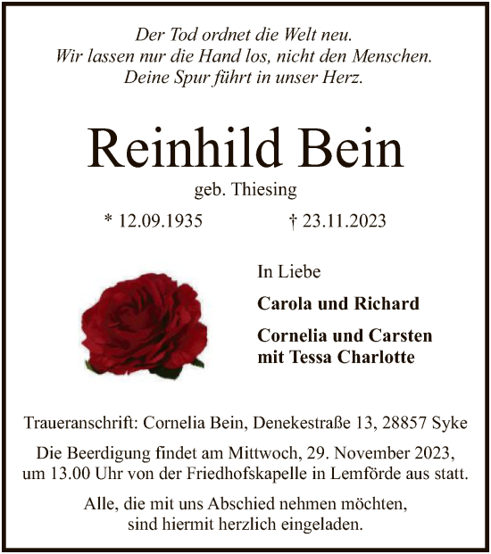 Todesanzeige von Reinhild Bein von SYKSYK