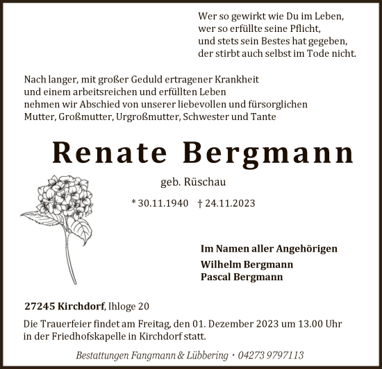 Todesanzeige von Renate Bergmann von SYK