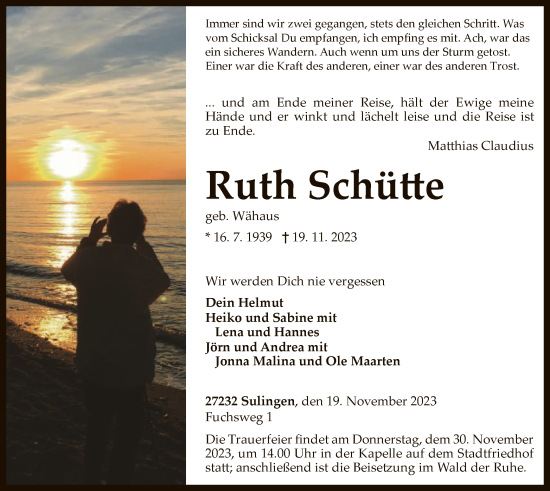 Todesanzeige von Ruth Schütte von SYK