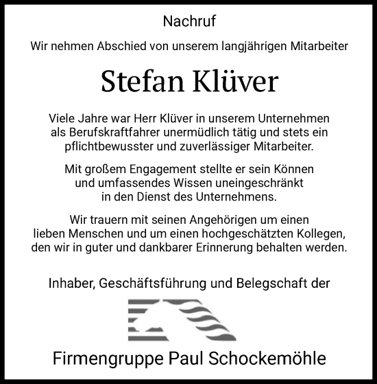Todesanzeige von Stefan Klüver von SYK