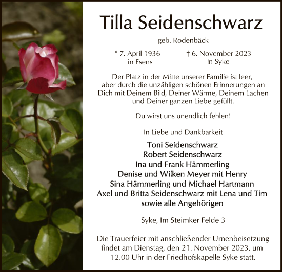 Todesanzeige von Tilla Seidenschwarz von SYK