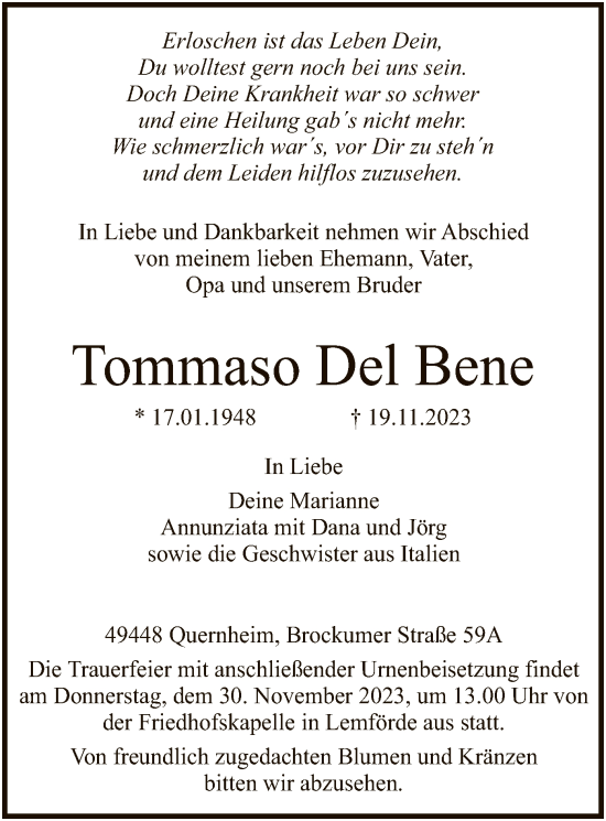 Todesanzeige von Tommaso Del Bene von SYK