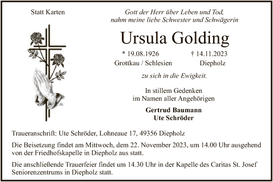 Todesanzeige von Ursula Golding von SYK