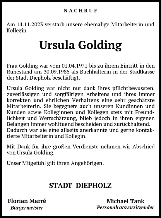 Todesanzeige von Ursula Golding von SYK