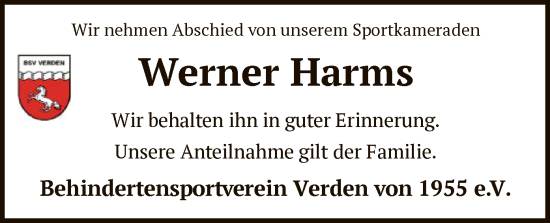 Todesanzeige von Werner Harms von SYK