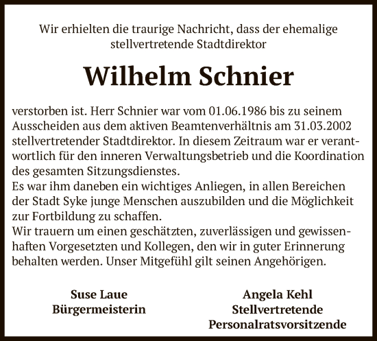 Todesanzeige von Wilhelm Schnier von SYK