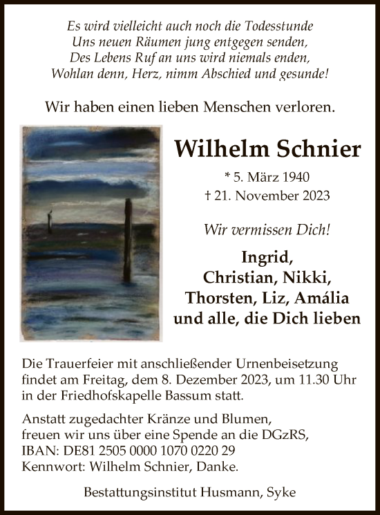Todesanzeige von Wilhelm Schnier von SYK