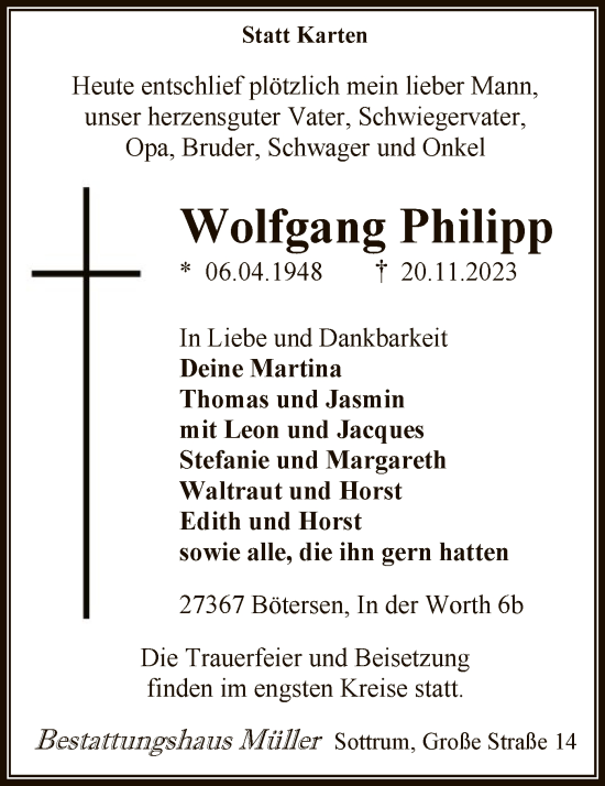 Todesanzeige von Wolfgang Philipp von SYK