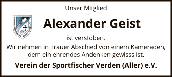 Todesanzeige von Alexander Geist von SYK