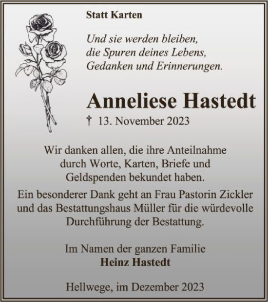 Todesanzeige von Anneliese Hastedt von SYK