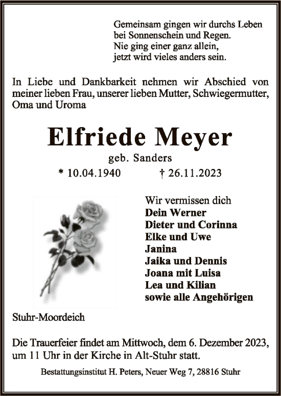 Todesanzeige von Elfriede Meyer von SYK