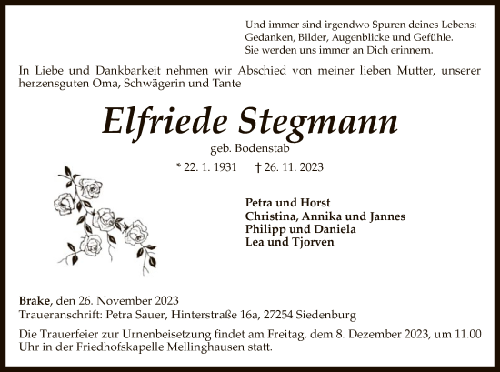 Todesanzeige von Elfriede Stegmann von SYK