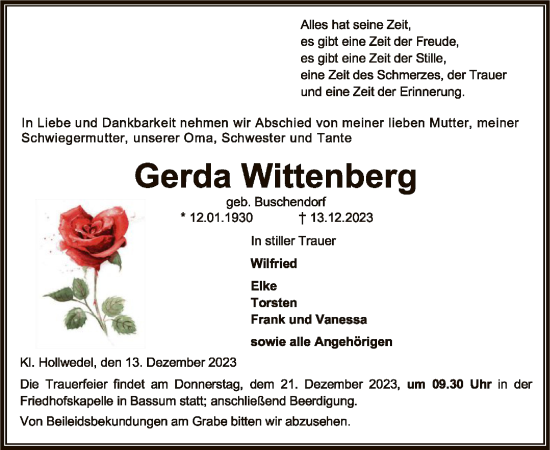 Todesanzeige von Gerda Wittenberg von SYK