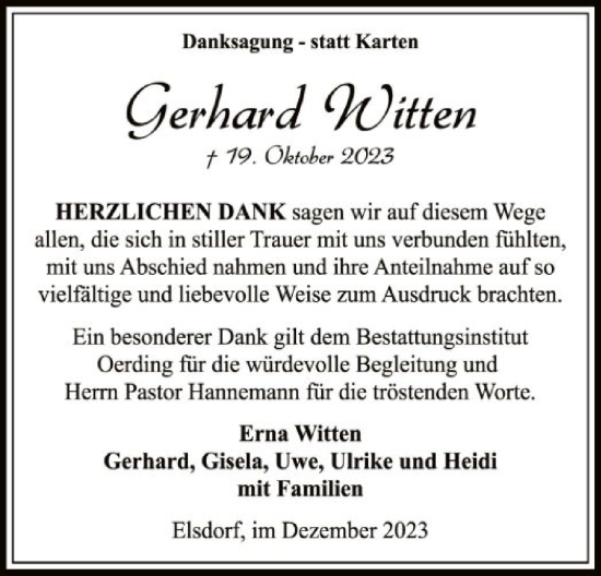 Todesanzeige von Gerhard Witten von SYK