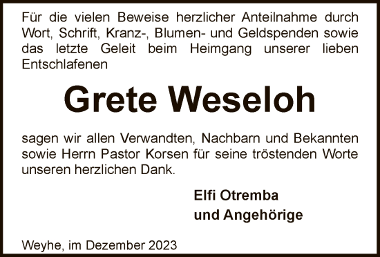 Todesanzeige von Grete Weseloh von SYK