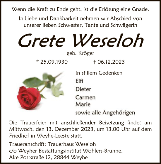 Todesanzeige von Grete Weseloh von SYK