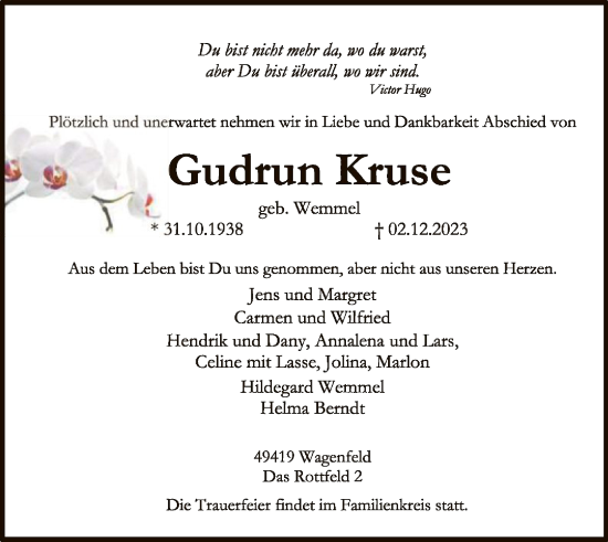 Todesanzeige von Gudrun Kruse von SYK