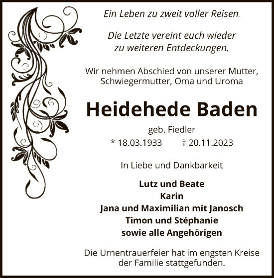 Todesanzeige von Heidehede Baden von SYK