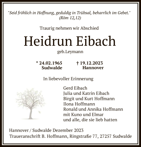 Todesanzeige von Heidrun Eibach von SYK