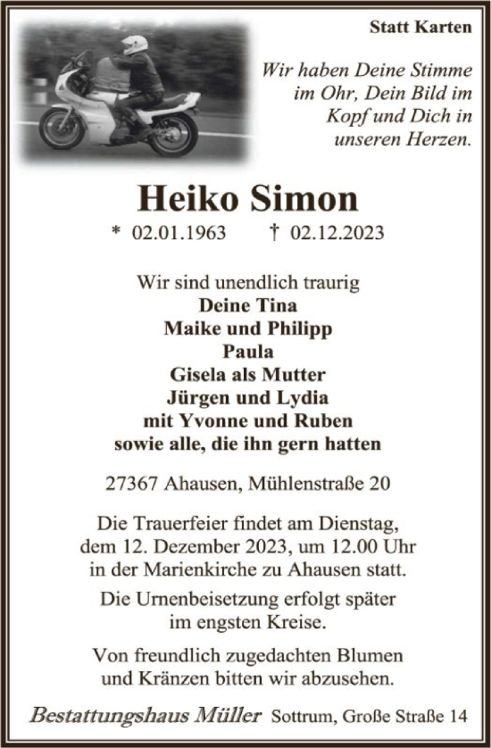 Todesanzeige von Heiko Simon von SYK