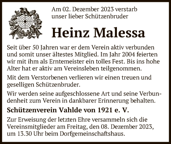 Todesanzeige von Heinz Malessa von SYK