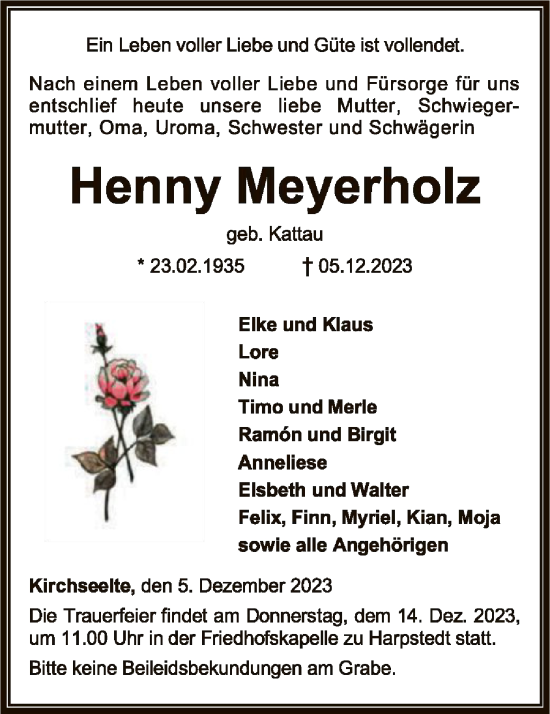 Todesanzeige von Henny Meyerholz von SYKSYK
