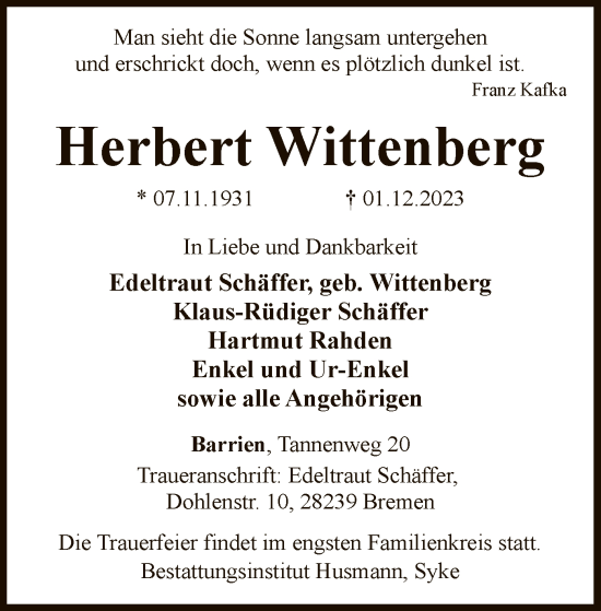 Todesanzeige von Herbert Wittenberg von SYK