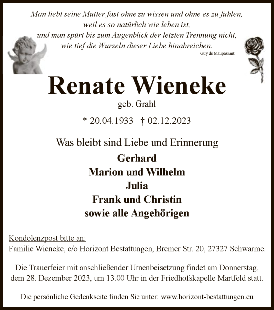 Todesanzeige von Renate Wieneke von SYK