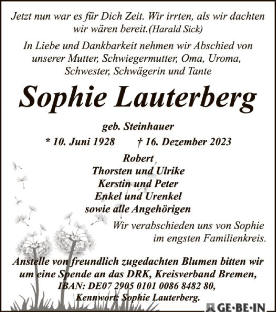 Todesanzeige von Sophie Lauterberg von SYK