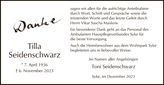 Todesanzeige von Tilla Seidenschwarz von SYK