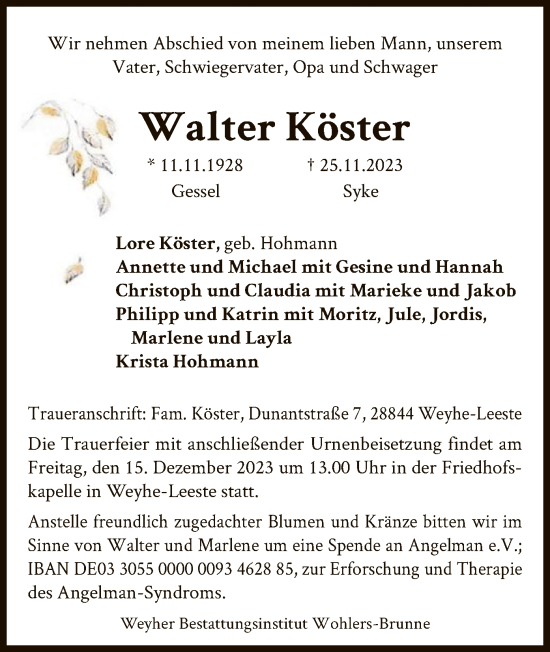 Todesanzeige von Walter Köster von SYK