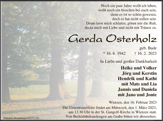 Todesanzeige von Gerda Osterholz von SYK