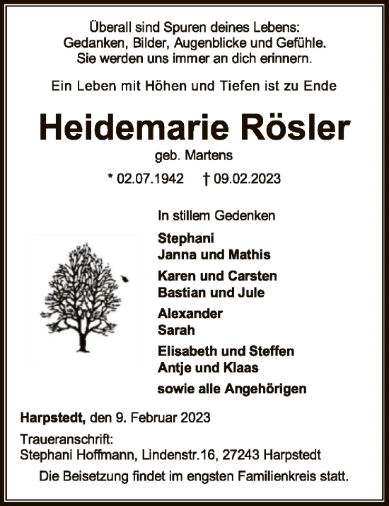 Todesanzeige von Heidemarie Rösler von SYK