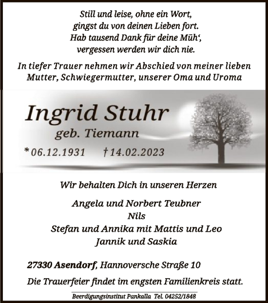 Todesanzeige von Ingrid Stuhr von SYK