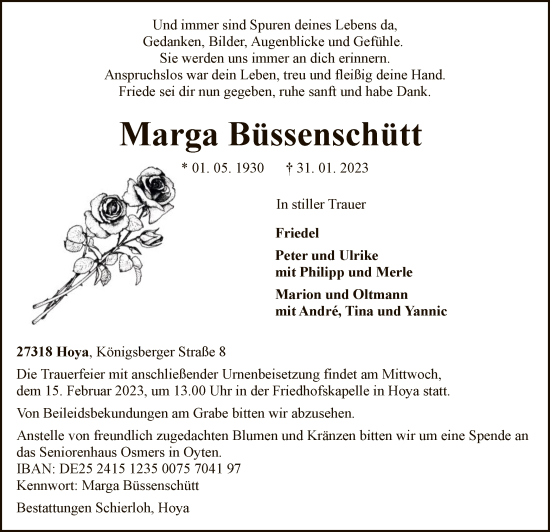 Todesanzeige von Marga Büssenschütt von SYK