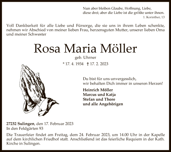 Todesanzeige von Rosa Maria Möller von SYK