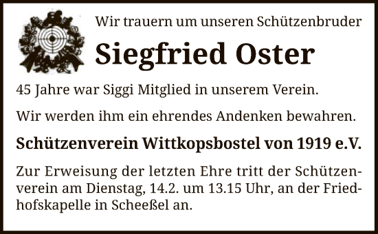 Todesanzeige von Siegfried Oster von SYK
