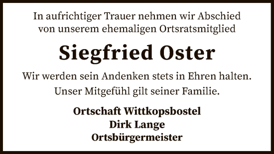 Todesanzeige von Siegfried Oster von SYK