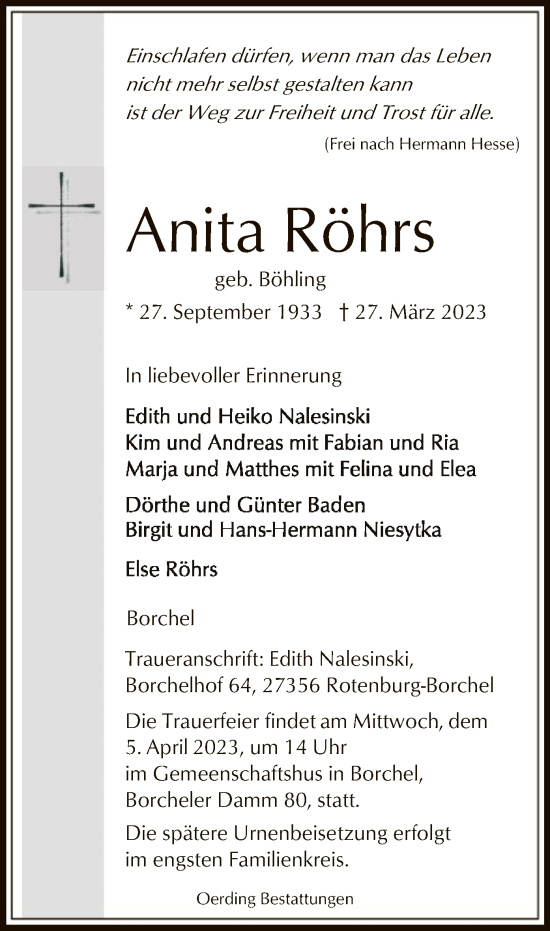 Todesanzeige von Anita Röhrs von SYK
