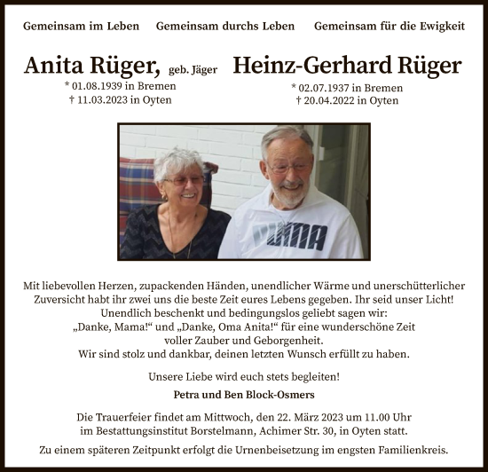 Todesanzeige von Anita und Heinz-Gerhard Rüger von SYK