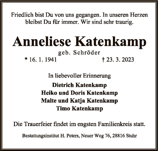 Todesanzeige von Anneliese Katenkamp von SYK
