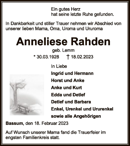Todesanzeige von Anneliese Rahden von SYK