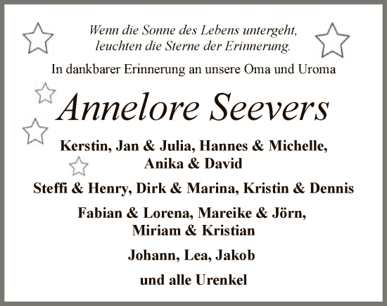 Todesanzeige von Annelore Seevers von SYK