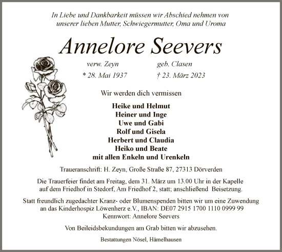 Todesanzeige von Annelore Seevers von SYK