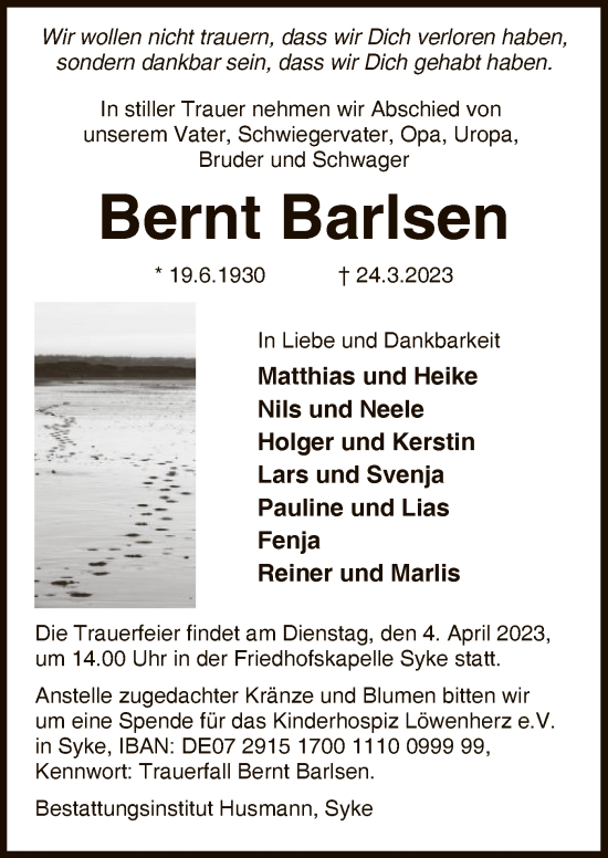 Todesanzeige von Bernt Barlsen von SYK